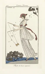 Vestido de lino estampado, de Costumes Parisien, pub.1913 (impresión en plantilla)