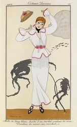 Vestido de paño blanco ribeteado con un dobladillo color de rosa. Cinturón de rosas de ganchillo. Costumes Parisiens n.º 21. Mujer con un vestido de paño blanco ribeteado con un dobladillo color de rosa y un cinturón rosa. También lleva tacones negros y