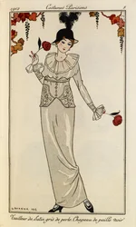 «Traje de satén gris perla. Sombrero de paja negro». Costumes Parisiens n.º 8. Mujer con vestido de satén gris perla y sombrero de paja negro con una pluma. Sostiene una rosa en cada mano.