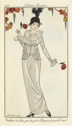 Traje sastre de satén gris perla, sombrero de paja negro.
