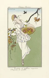 Tocador de tafetán estampado, sombrero de paja, de Costume Parisiens, pub.1914 (impresión en plantilla)