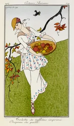 Toilette de taffetas imprime chapeau de paille. Costumes Parisiens nº 179. Mujer con traje de seda estampada y sombrero de paja. Lleva un cuenco de fruta.