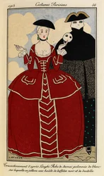 Disfraz según Loghi: vestido de damasco ribeteado de blanco, sobre el cual se echará un paño de tafetán negro y encaje. Costumes Parisiens n.º 46. Mujer con un vestido rojo del siglo XIX con encaje color crema, un sombrero negro y una máscara blanca.
