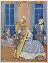 Valmont seduciendo a su víctima, ilustración de "Les Liaisons Dangereuses" de Pierre Chodlerlos de Laclos (1741-1803) 1929 (grabado en pochoir)