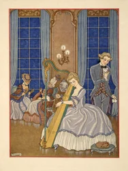 Valmont seduciendo a su víctima, ilustración de "Les Liaisons Dangereuses" de Pierre Chodlerlos de Laclos (1741-1803) pub. 1934 (impresión en pochoir)