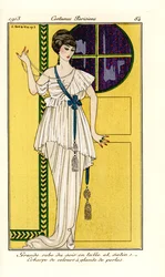 Mujer con lujoso vestido de noche de tul y satén, faja de terciopelo verde con borla de perlas. Grande robe du soir en tul et satin, echarpe de velours en glands de perles. Grabado pochoir (stencil) coloreado a mano según una ilustración de George Barbier 