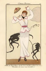 Mujer con vestido de lana blanca con ribetes rosas, cinturón de rosas de ganchillo, perdiendo el sombrero con el viento. Robe de drap blanc borde d