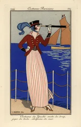 Mujer con traje de marinero sosteniendo un telescopio.