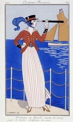Mujer mirando a lo lejos, con traje de yate - Moda 1914