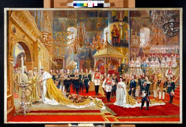 Coronación del zar Alejandro III de Rusia (1845-1894) y la emperatriz María Feodorovna (Dagmar de Dinamarca) (1847-1928) - Obra de arte de Georges Becker (1845-1909)