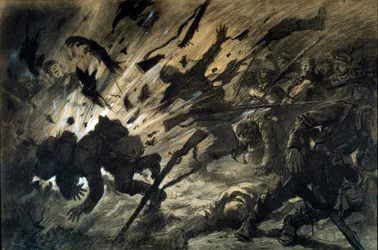 Efecto de un proyectil en la noche, abril de 1915. Dibujo de Georges Scott, llamado Scott de Plagnolles (1874-1942), 1915 - Tinta sobre papel, realces de gouache - Dimensiones: 0,67 x 1,010 m - París, Musée de l