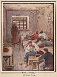 En la Cheka; de Histoire des Soviets, pub. 1922 (litografía en color)