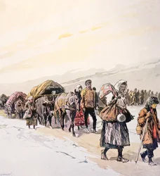 Multitudes hambrientas abandonan su patria, c.1924 (litografía en color)