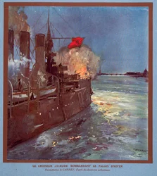 El crucero Aurora disparando contra el Palacio de Invierno, de Histoire des Soviets, pub. 1922 (litografía en color)