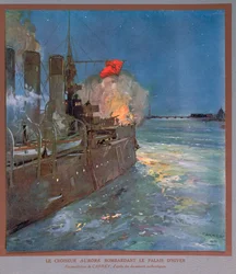 El crucero Aurora bombardea el Palacio de Invierno, c.1923-24 (litografía en color)