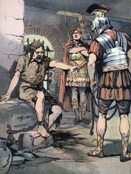 Guerra de las Galias: "El guerrero galo Vercingetórix prisionero en las armas romanas de Julio César en los calabozos de Tullianum, 46 a.C." (Guerra de las Galias: Vercingetórix prisionero en la Cárcel Mamertina de Roma tras su derrota contra Julio César, 