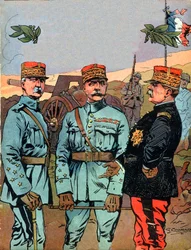 El mariscal Joseph Jacques Cesaire Joffre (1852-1931), el mariscal Ferdinand Foch (1851-1929) y el mariscal Philippe Petain (1856-1951), los grandes libertadores de Francia durante la Primera Guerra Mundial - Ilustración de Georges Conrad (1874-1936) tomad