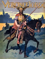 Retrato de Vercingétorix (ca. 80 - ca. 46 a. C.), guerrero y líder galo de la tribu de los arvernos (Retrato de Vercingétorix, 82 a. C. - 46 a. C., jefe de la tribu de los arvernos). Ilustración de Georges Conrad (1874-1936), tomada de Nos Gloires
