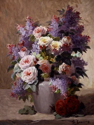 Naturaleza muerta con rosas y lilas. Pintura de Georges Jeannin (1841-1925) Colección particular.