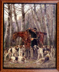Carga sobre el caballo de un ciervo abatido durante una cacería a caballo - dibujo de Georges La Roque, hacia 1900