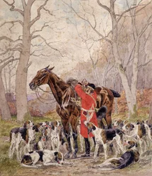 Carga sobre el caballo de un ciervo abatido durante una cacería a caballo - dibujo de Georges La Roque, hacia 1900