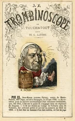 Papa PIe IX (nato Giovanni Maria Mastai Ferretti; 1792-1878) - ilustración de "Le Trombinoscope", periódico político satírico de Leon-Charles Bienvenu, conocido como Touchatout (1835-1910) monografía N. 9, Imprimerie Vallee, París.