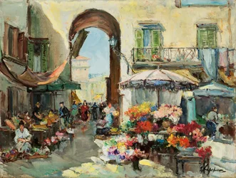 Un mercado de flores en Niza (óleo sobre lienzo)