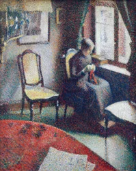 Mujer cosiendo en la ventana