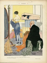 Ilustración de Georges Leonnec (1881-1940) en Le Lire, 06/07/12 - Lógica - Moda, Sombrero, Arquitectura interior, Vida de los ricos - Mujeres