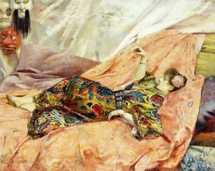 Retrato de Sarah Bernhardt, reclinada en un interior chino