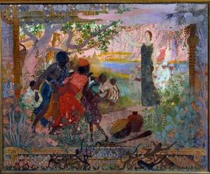 Arte académico o bombero: “La conquista de África” Alegoría sobre el colonialismo que representa a una joven mujer blanca avanzando solemnemente hacia familias africanas asustadas. París, Museo de Luxemburgo