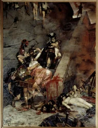 Andrómaca. Tras la toma de Troya, Pirro recibió como parte del botín a la viuda de Héctor, Andrómaca, y a su hijo Astianacte. Pintura de Georges Antoine Rochegrosse (1859-1938).