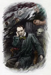Retrato del poeta francés Charles Baudelaire (1827-1861) rodeado de fantasmas (Representación del poeta romántico francés Charles Baudelaire rodeado de fantasmas, ilustración para "Las flores del mal") Ilustración de Georges Antoine Rochegrosse (1859-19