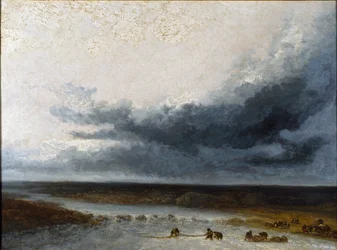 Paisaje con pescadores en la desembocadura de un río