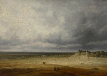 Paisaje con un campo arado y un pueblo, probablemente después de 1827
