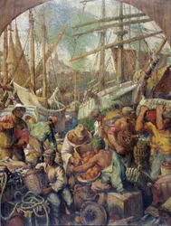 La descarga de mercancías Pintura de Georges Pomerat (siglo XIX-XX) Siglo XX Mención obligatoria: Colección Fundación Saludos de Provenza, Marsella