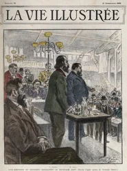Congreso General de Organizaciones Socialistas, celebrado en París en diciembre de 1899, en el Gimnasio Japy - Jean Jaurès (1859-1914) y Eugène Fournier (1857-1914) dibujo de Georges Redon - la vie illustree de 1899