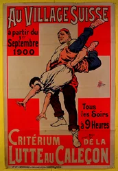 Cartel publicitario de competiciones de lucha en el Pueblo Suizo, 1900