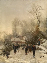 Aldea con niños en la nieve (óleo sobre lienzo)