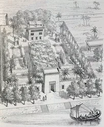 Vista de villa egipcia a lo largo del Nilo, reconstrucción por Chipiez, de Historia del arte en la antigüedad (Egipto, Asiria, Persia, Asia Menor, Grecia, Etruria, Roma)