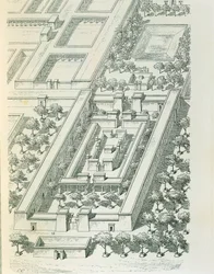 Grabado que representa una vista en perspectiva de un edificio en Tell el-Amarna por Georges Perrot y Charles Chipiez