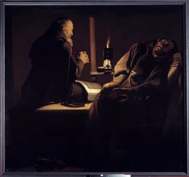 El éxtasis de San Francisco también llamado un monje en oración cerca de un monje moribundo o los dos monjes. Pintura (Vanitas) de Georges de La Tour (1593-1652)