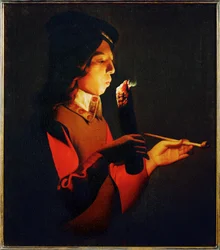Boy blowingon a Firebrand (pintura sobre lienzo)