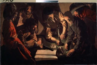 En el prestamista (Pago). (A los Usureros. Pago). Pintura de Georges de La Tour (1583-1652), hacia 1640. Arte barroco. Óleo sobre tela. Galería de arte estatal, Lviv