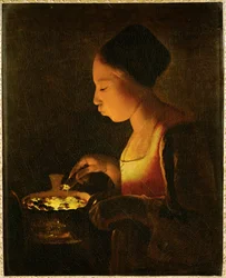 Niña soplando en un brasero (pintura sobre lienzo)