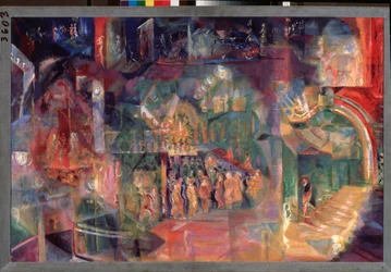 Un bar (A Bar) - Pintura de Georgi Bogdanovich Yakulov (1884-1928), óleo sobre lienzo, arte ruso, siglo XX, futurismo - Galería Estatal Tretyakov, Moscú