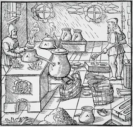 Grabado de De re metallica (Sobre la naturaleza de los metales), de Georg Pawer o Georgius Agricola (1494-1555), publicado en Basilea.