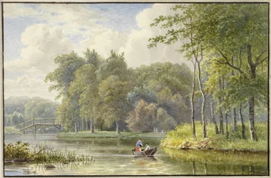 Paisaje con figuras en un bote de remos