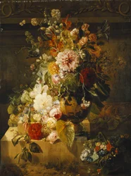 Rosas, convolvuli, claveles, malvarrosas, peonías, lilas y otras flores en un jarrón