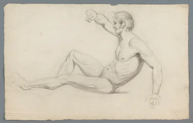 Desnudo masculino sentado, con el brazo levantado